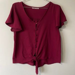 Wine red tie front blouse